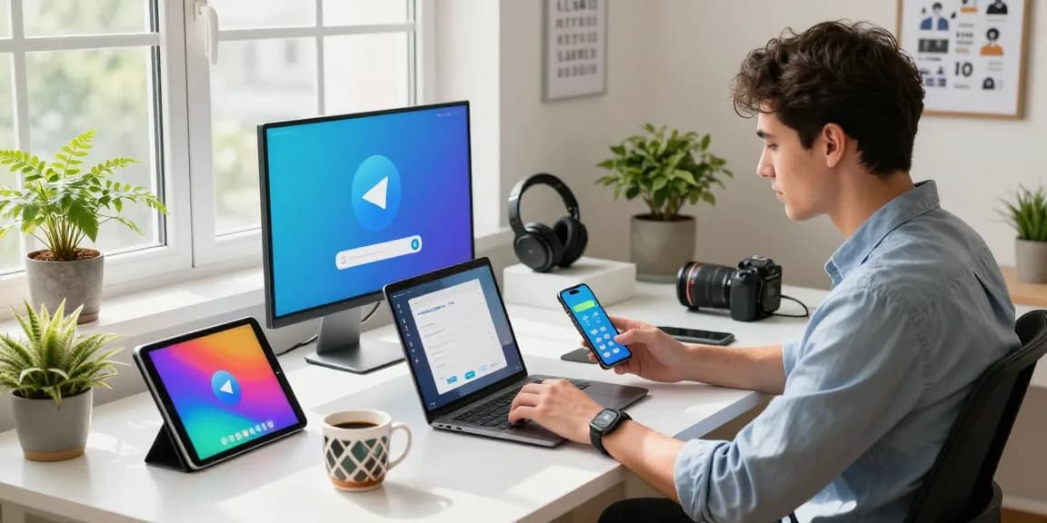 Download Telegram on a modern tech workspace, showcasing devices and an inspiring atmosphere.