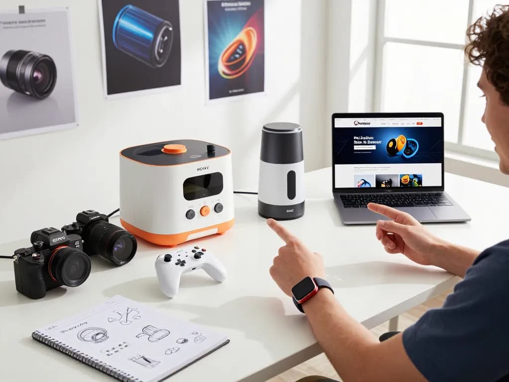 Exploring innovative tech gadgets in a modern workspace filled with devices showcasing creativity and functionality.