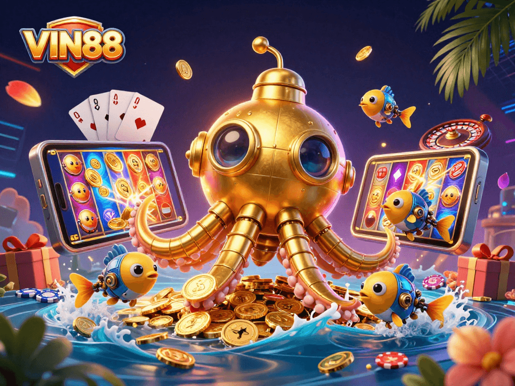 Experience the excitement of VIN88 with a rich 3D casino scene filled with slot games and golden coins.