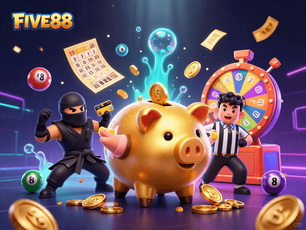 Join the fun at FIVE88 with a vibrant 3D casino scene featuring exciting games and dynamic action!