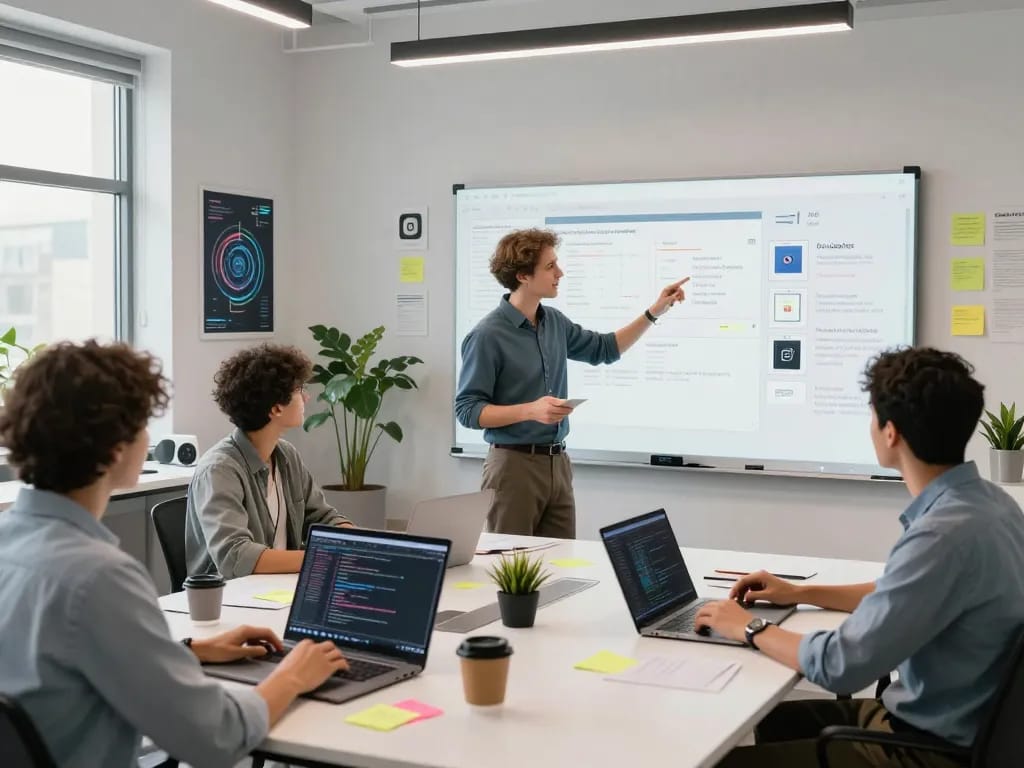 Developers collaborating on spicy AI project in a modern workspace.