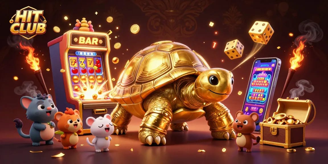 Experience the thrilling HIT CLUB entertainment with a lively scene of a golden tortoise and slot games.
