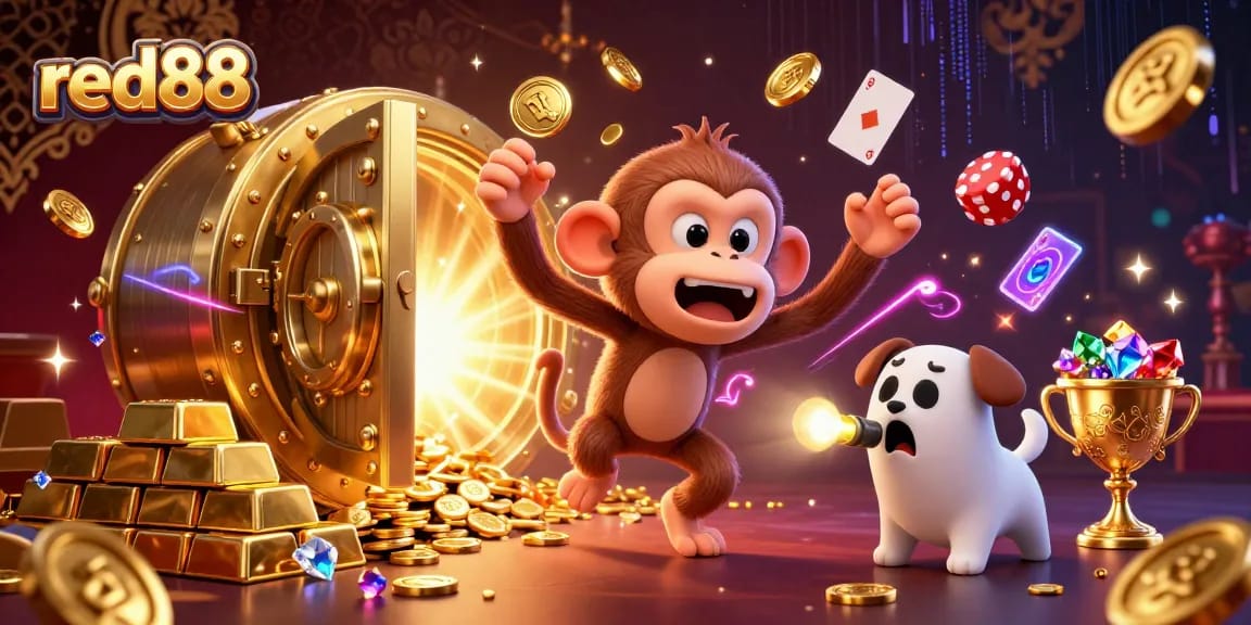 red88 offers a playful scene of a mischievous monkey juggling golden treasures while a curious puppy tracks its adventures in a haunted casino.