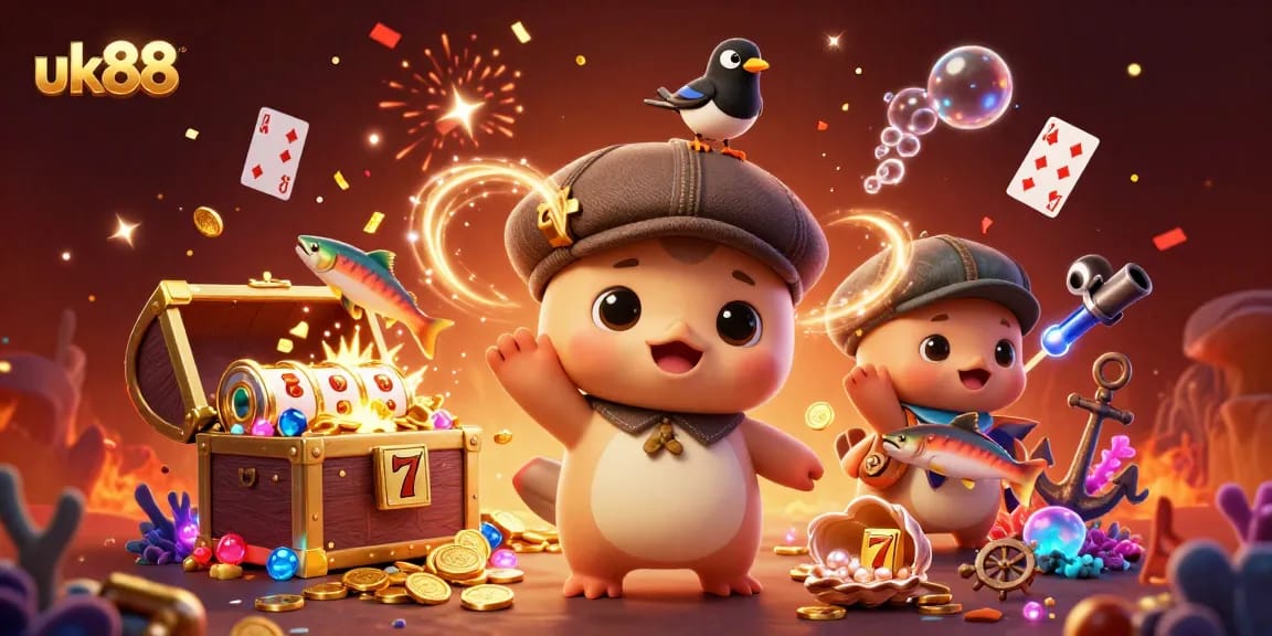 Experience excitement with uk88 in this vibrant casino-themed underwater scene, showcasing playful characters and treasures.