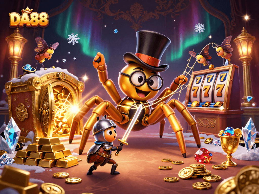 Join the thrilling adventure at DA88 with a golden tarantula weaving golden threads in a vibrant casino scene.