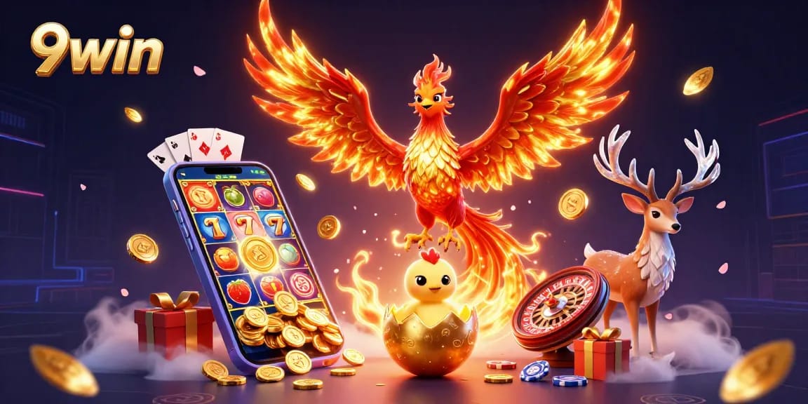 Engage with exciting slot games at 9win, featuring a phoenix and casino elements.