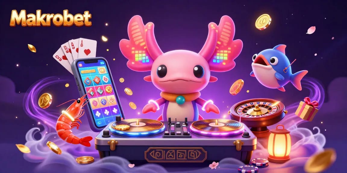 Join the fun with Makrobet's vibrant underwater casino scene, featuring energetic characters and slot game excitement.
