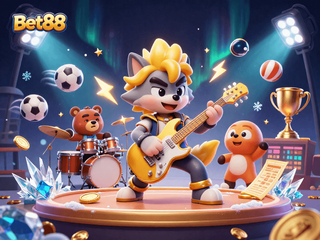 Engage in thrilling gameplay at Bet88 with a vibrant cartoon scene featuring dynamic characters and casino elements.