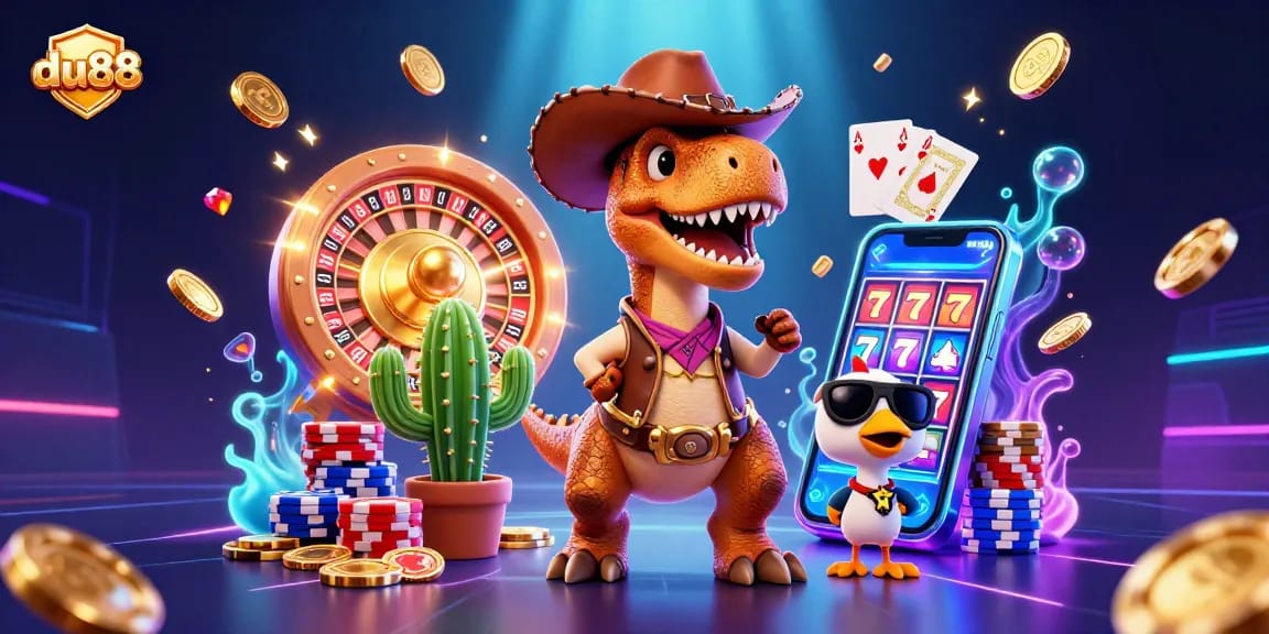 Play thrilling games at du88 with a cowboy dinosaur and vibrant casino elements in action.