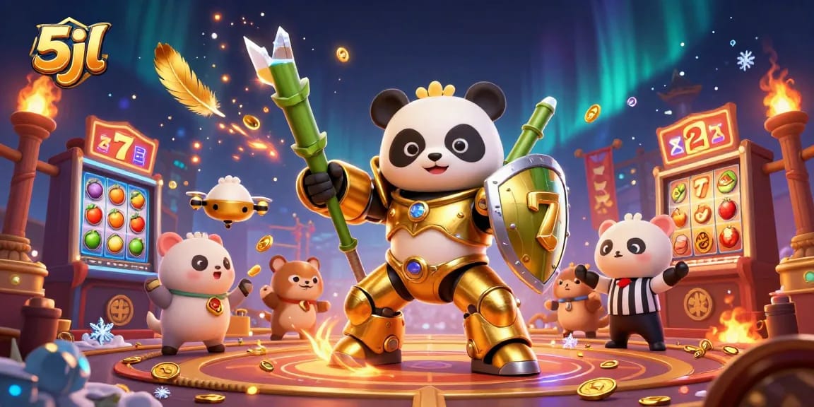 Experience the excitement of 5jl at our vibrant casino arena with golden panda and robot elements!