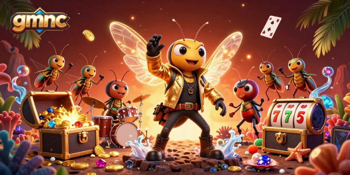 Experience the thrill of gmnc with a vibrant 3D illustration showcasing a rock star cicada, dynamic gaming elements, and glowing treasures.
