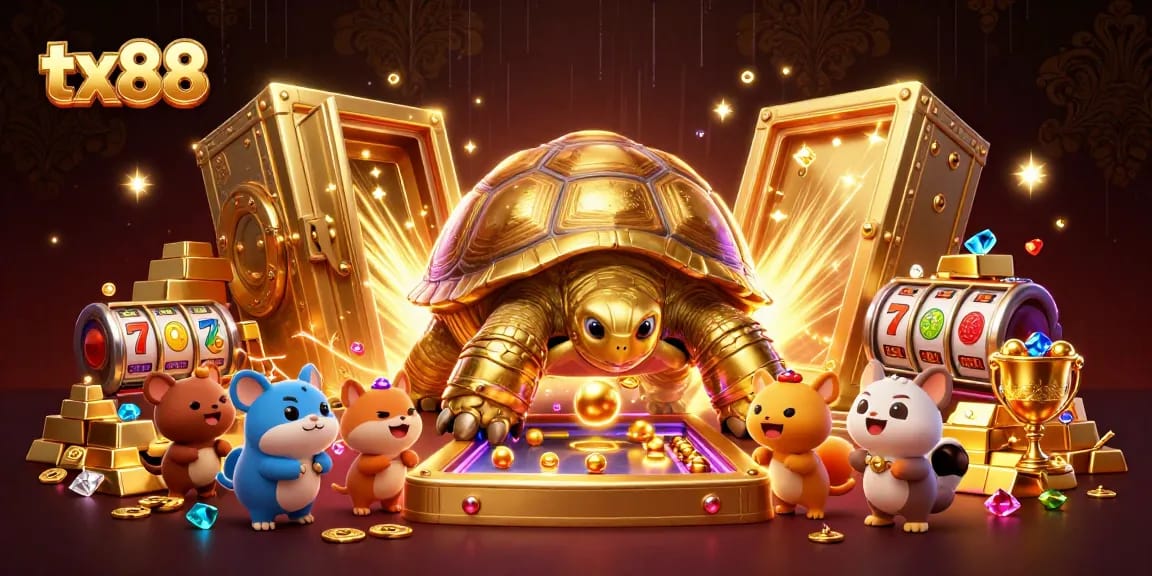 Experience the excitement of tx88 slots with a vibrant casino scene featuring a golden tortoise and treasures.