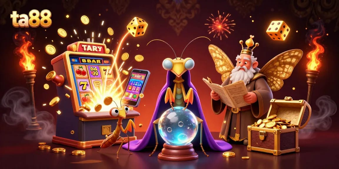 Experience thrilling casino jackpots with ta88's vibrant illustration of fortune tellers and slot machines.