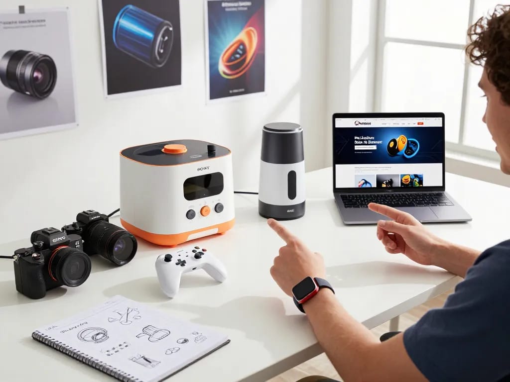 Exploring innovative tech gadgets in a modern workspace filled with devices showcasing creativity and functionality.