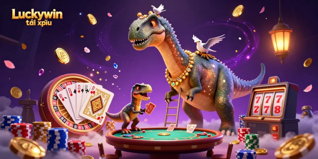 Experience thrilling Luckywin tài xỉu gameplay as a massive brontosaurus observes a tiny poker table in a lively casino.
