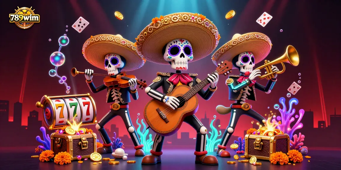 Experience the thrill of winning with 789wim as skeleton mariachi celebrate around colorful slots and gems.
