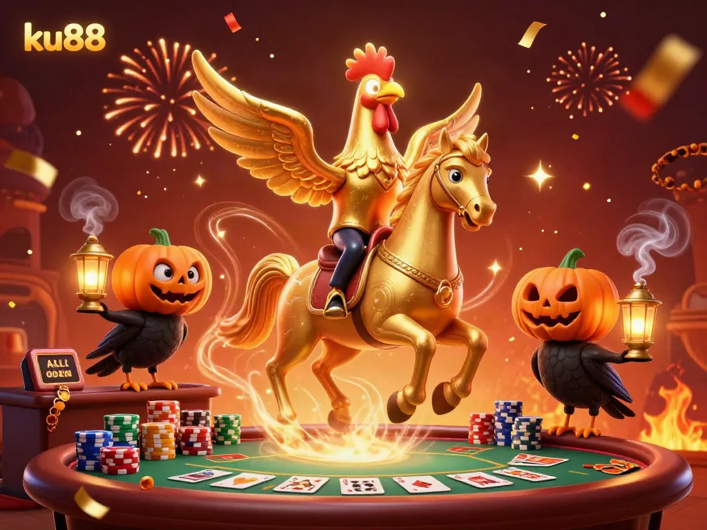 Experience thrilling casino action with ku88 as a golden rooster rides through a vibrant midnight scene.