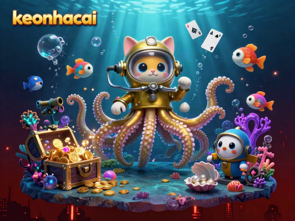 Engage with keonhacai through an energetic scene featuring a kraken and diving cat, immersed in casino-themed elements.