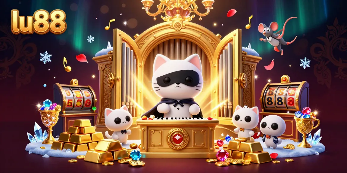 Spin the lu88 slots with a whimsical cat at the casino, surrounded by treasure!