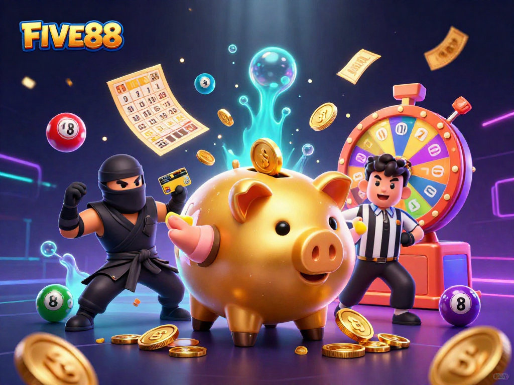 Join the fun at FIVE88 with a vibrant 3D casino scene featuring exciting games and dynamic action!