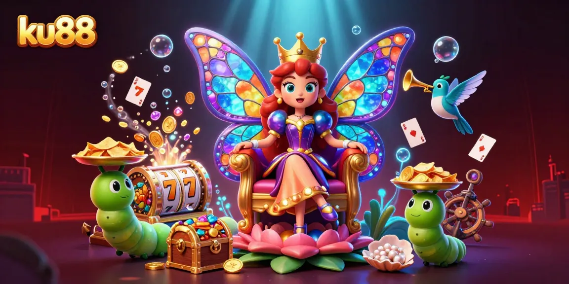 ku88 showcases a vibrant illustration with a butterfly queen, chips, and treasure, adding casino excitement.