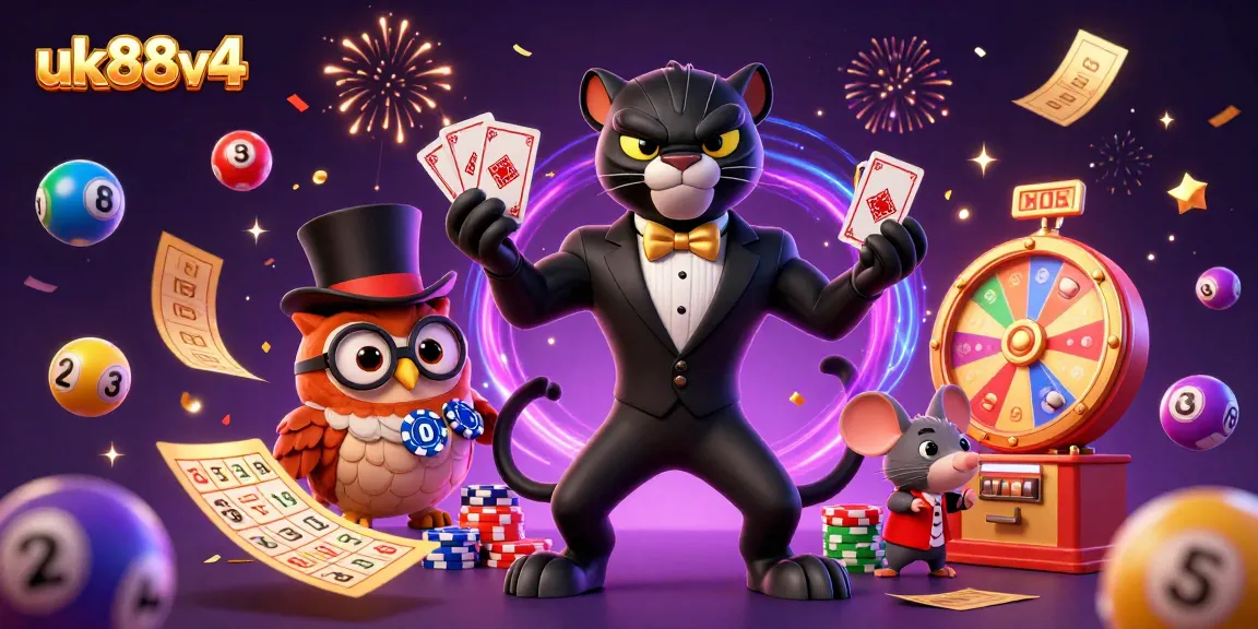 Engage with uk88v4's exciting lottery scene featuring a stylish panther and whimsical characters!