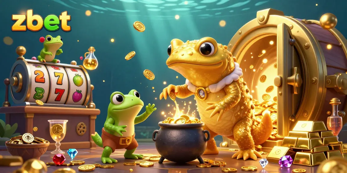 Zbet showcases dynamic slots with golden coins and treasure in this vibrant casino scene.