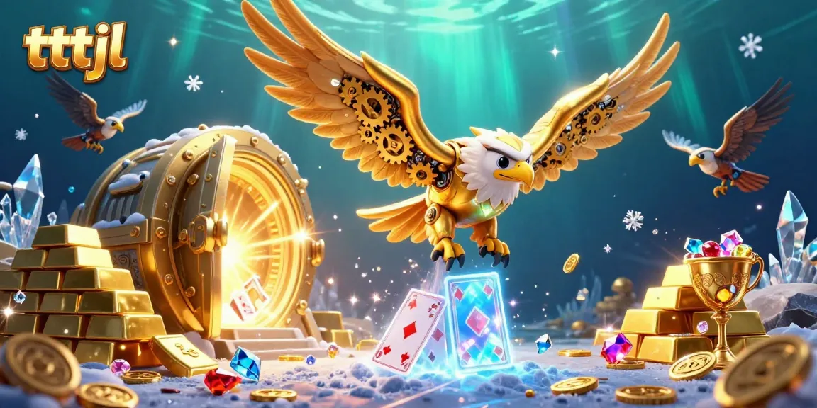 Engage with thrilling tttjl casino experiences featuring a cybernetic golden eagle surrounded by shimmering treasure.