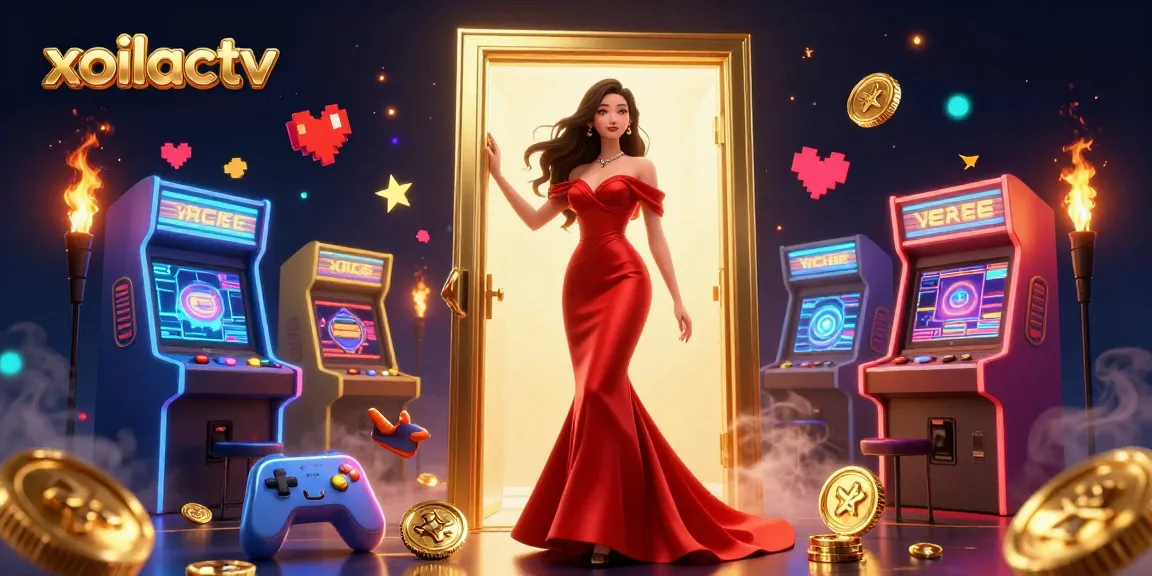 Experience excitement with xoilactv featuring a stunning Asian woman in a casino doorway, surrounded by dynamic gaming elements.