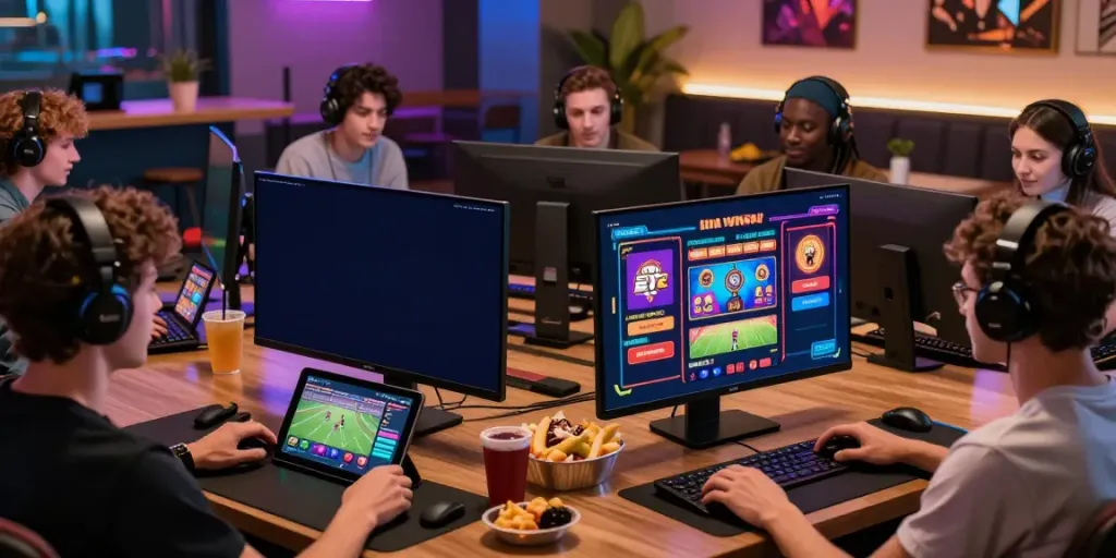 Friends enjoying diverse games on SKY88 platform in cozy lounge setting.