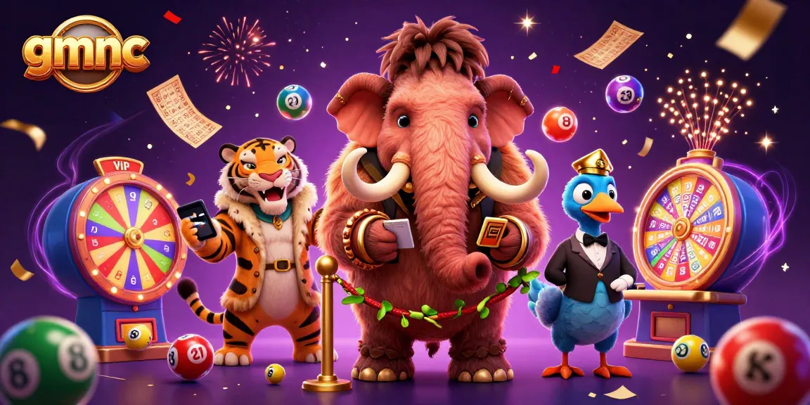 Engage with the vibrant world of gmnc, where a woolly mammoth bouncer checks IDs amidst colorful lottery balls and celebratory confetti.