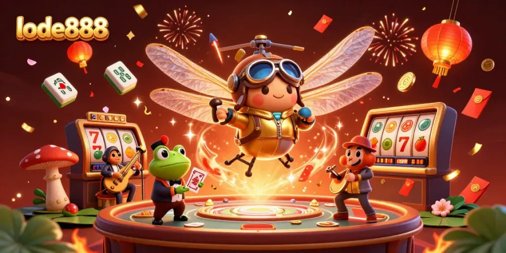Engage with thrilling gameplay at lode888, showcasing a vibrant dragonfly pilot and frog croupier amidst slot reels and fireworks.