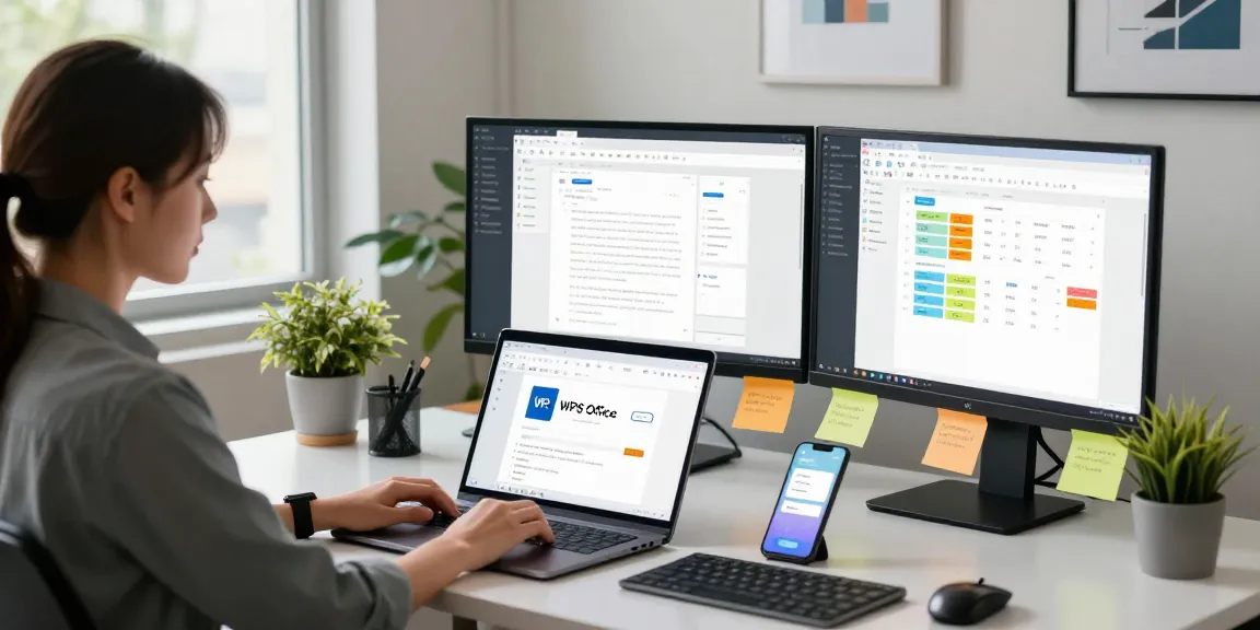 WPS Download on a modern workspace laptop showing document editing features and productivity tools.