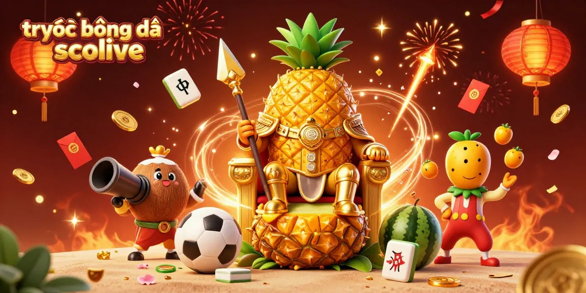Catch the excitement of trực tiếp bóng đá socolive, showcasing a lively scene with a golden pineapple king and sports-themed elements