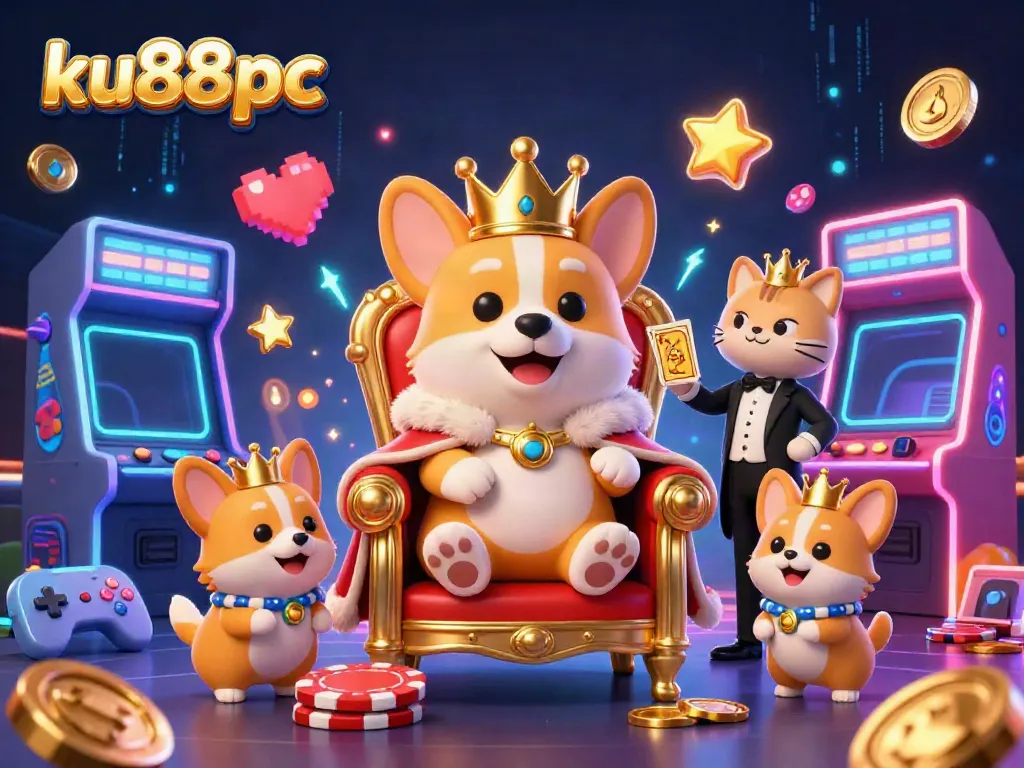 Experience thrilling gaming adventures with ku88pc, featuring a royal corgi on a poker chip throne.