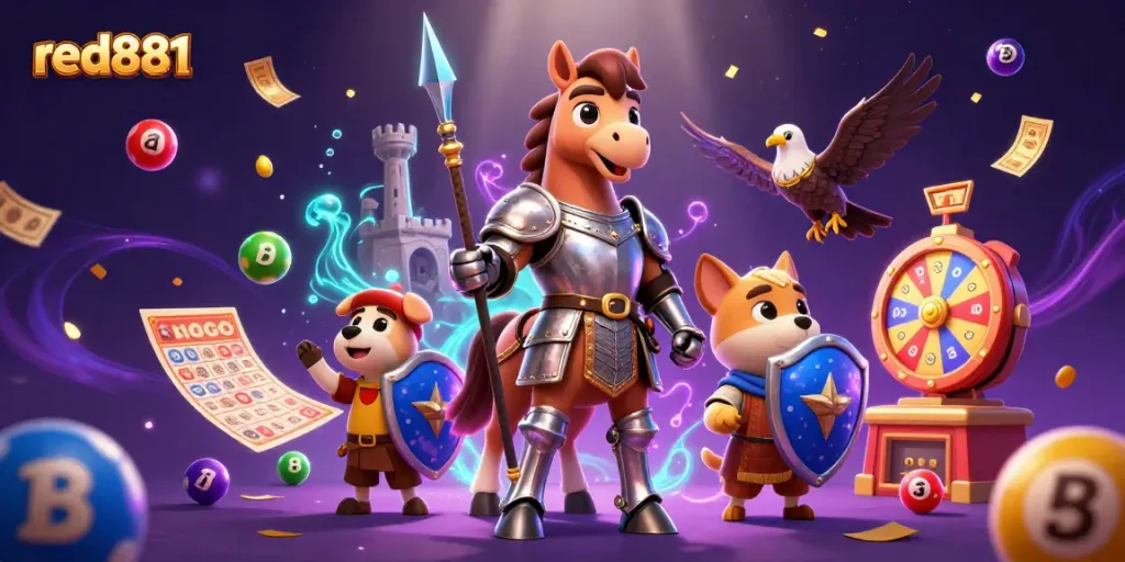 Experience the excitement of red881 with medieval characters and dynamic gambling elements in a vibrant scene.