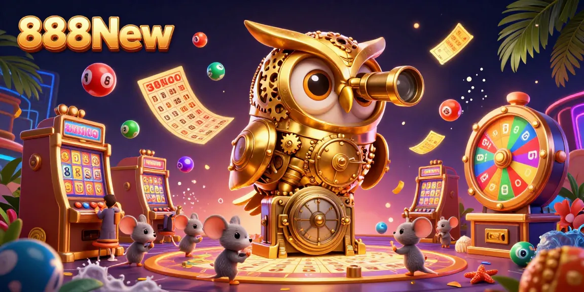 Engage with 888New's vibrant casino world with dynamic lottery balls and a golden owl.