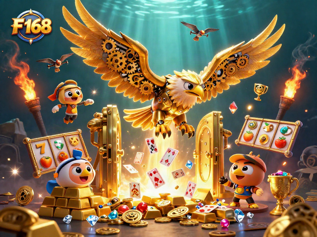 Engage in thrilling gameplay with F 168 as a cybernetic eagle dives through dazzling slot elements.