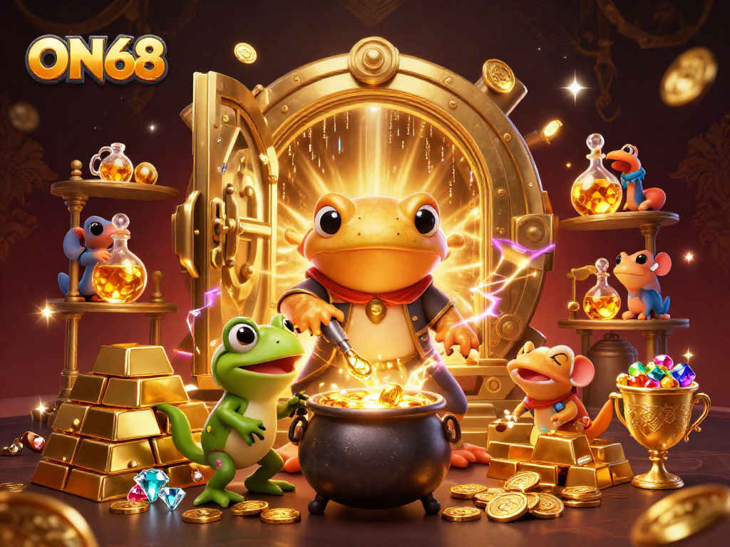 Experience thrilling gaming with ON68 featuring vibrant 3D elements and golden treasures.