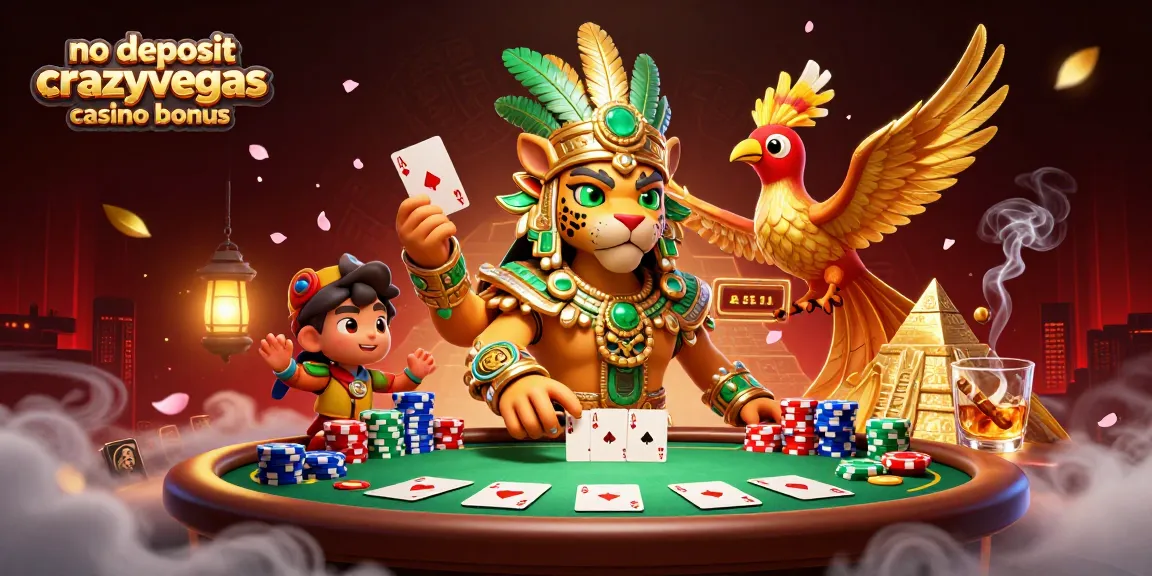 A dynamic scene showcasing the no deposit crazyvegas casino bonus with Mayan symbols, poker elements, and vibrant characters.