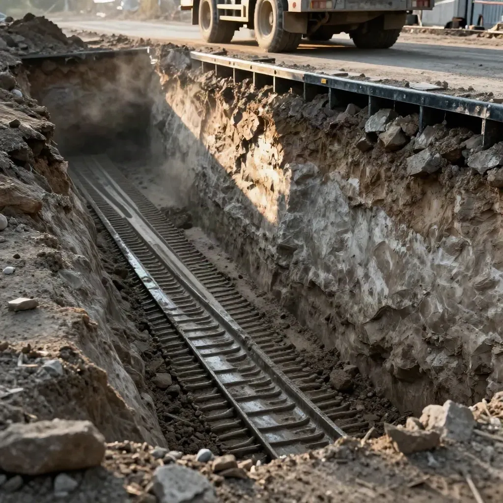 Kazı hendeğinde açığa çıkan temiz subgrade, toz ve kepçe izleriyle yakın plan.