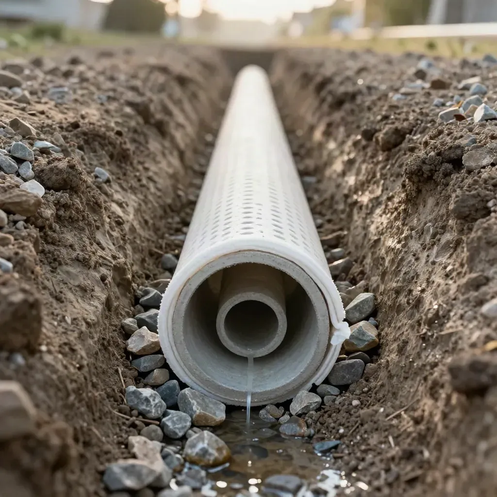 Drenaj hendeğinde delikli boru, çakıl ve geotekstil katmanı yakın plan.
