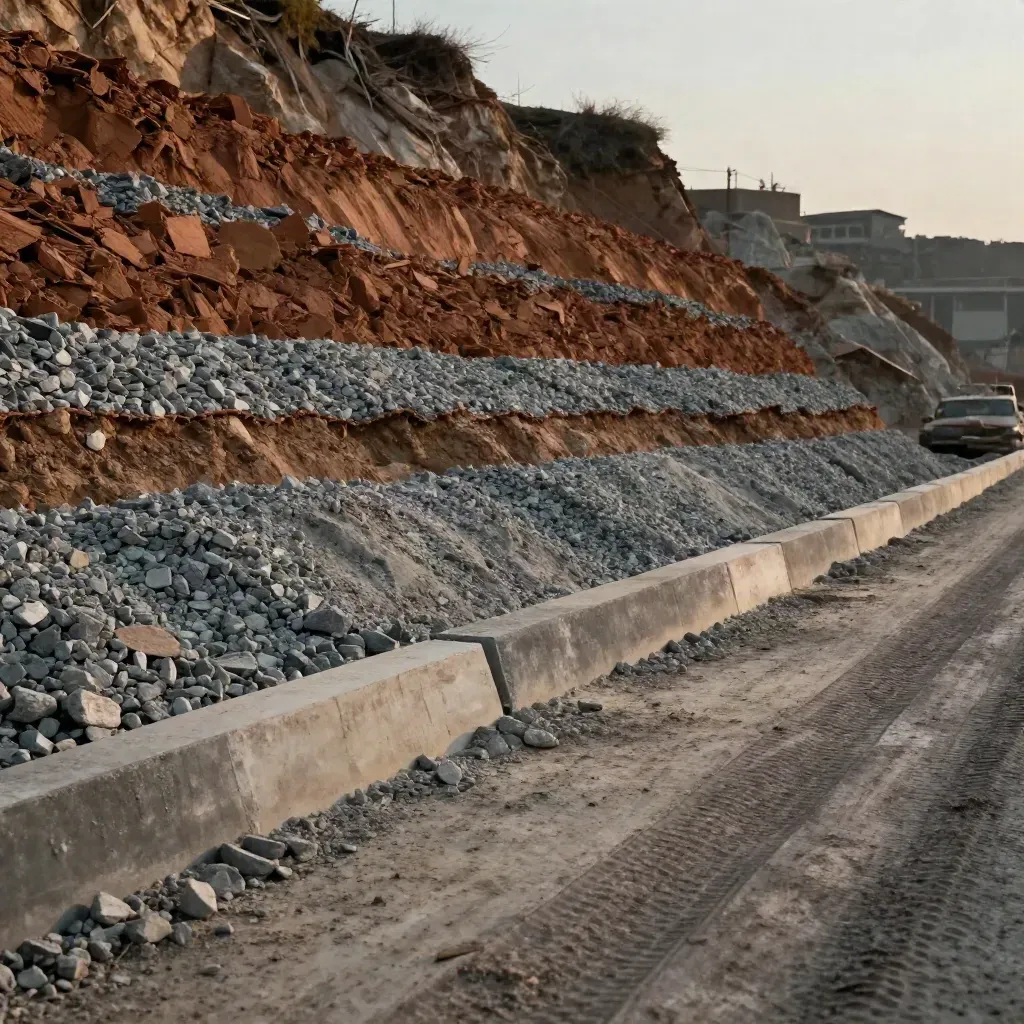 İstinat duvarı arkası sıkı dolgu, kırmataş katmanları ve yol altı hazırlığı.