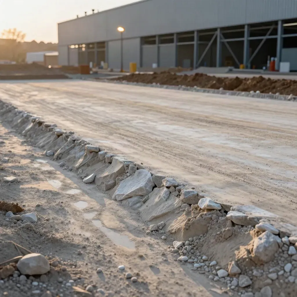 Gebze fabrikasında beton öncesi tam tesviye edilmiş geniş saha, dolgu ve kot ayarı hazır.