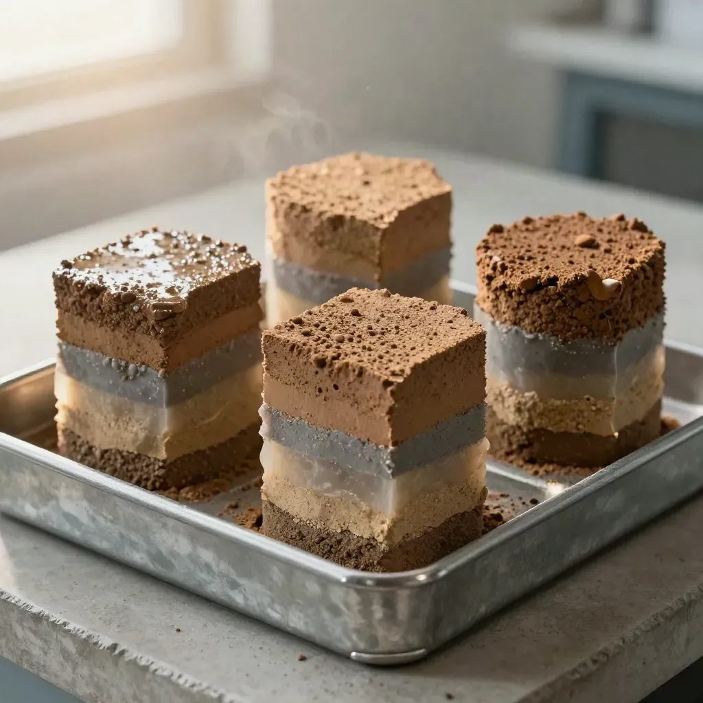 Şeffaf kılıflarda katmanlı toprak karotları, beton bench üzerinde yakın plan.