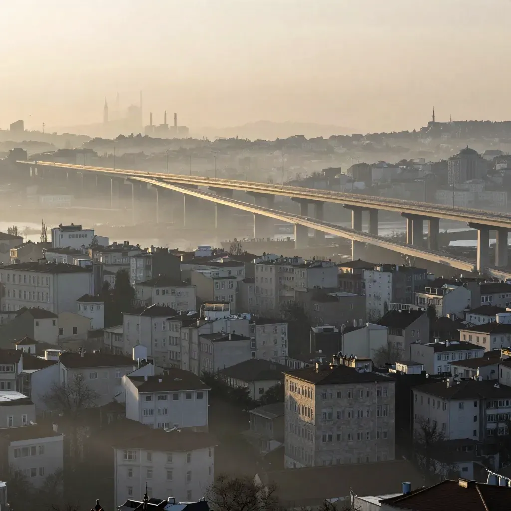 İstanbul Avrupa’da sisli sabah viyadükler ve alçak şehir dokusu