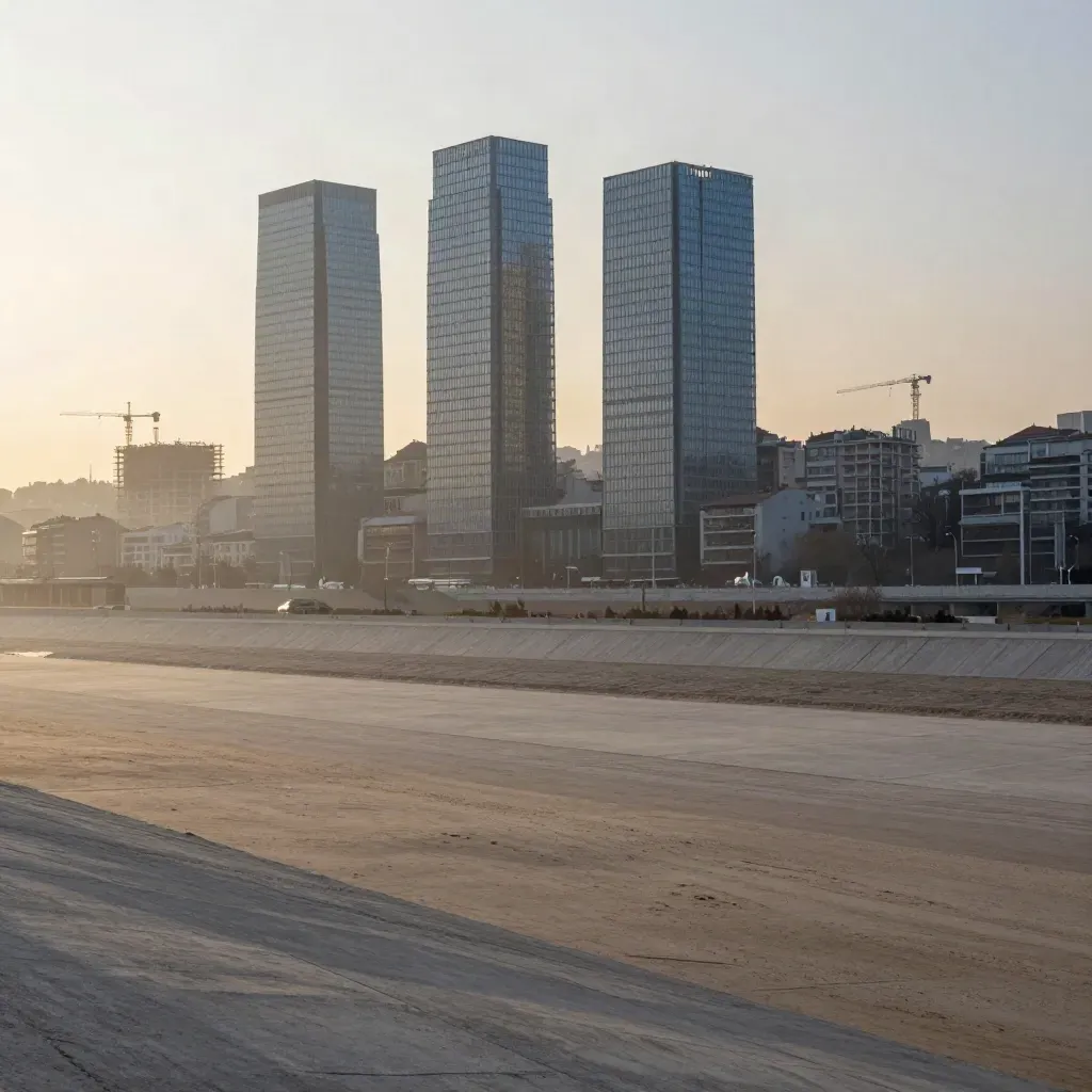 İstanbul Anadolu’da sisli sabah ışığında kuleler ve vinçler, altta sakin şehir zemini.