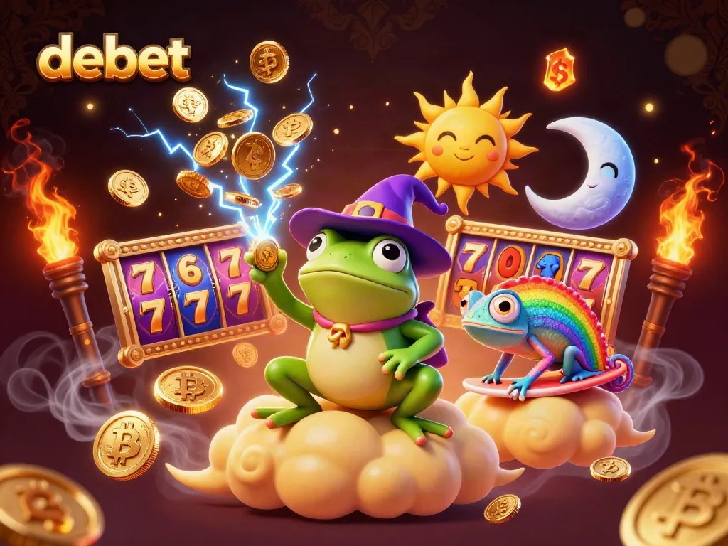 Experience the excitement of winning with debet amidst golden coins and vibrant characters in a dynamic casino scene.