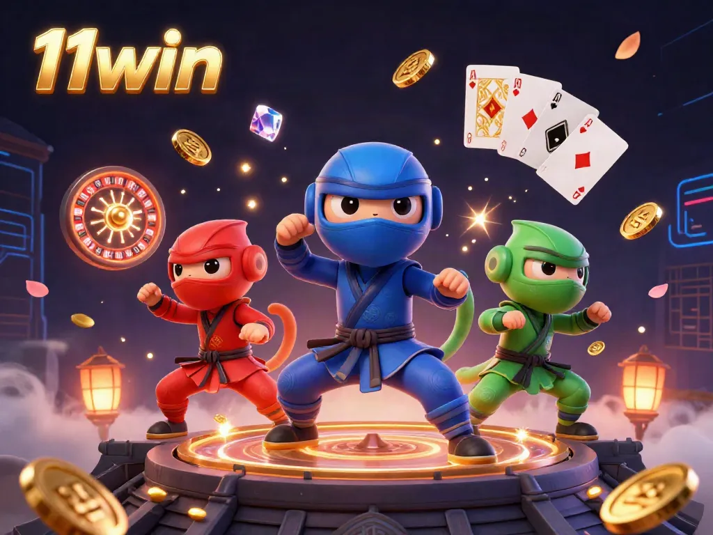 Engaging 3D illustration of the 11win casino experience, featuring chameleon ninjas synchronizing moves amidst falling coins and vibrant gems.