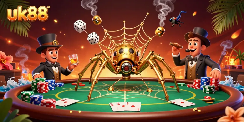 Experience thrilling gameplay with the uk88 casino featuring a golden spider and poker details.